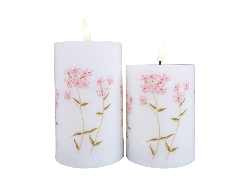 Det Gamle Apotek Fiber Optic LED candle, H10/12,5xDia7,5cm, 2/Boks, Hvid, Poppy Rose