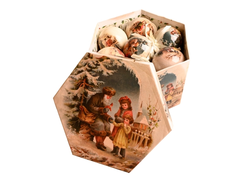 Det Gamle Apotek Flerfarvede julekugler m. julemand, Dia. 7,5cm, 14/Boks