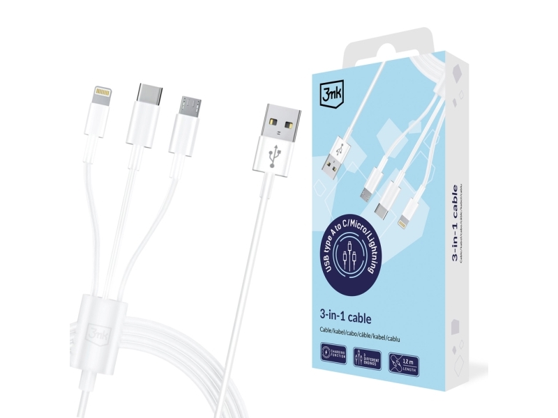 3Mk Kabel 3In1 Usb-A - Micro Usb / Lightning / Usb-C 1,2 M 20V/2,4A 15W - Weiß