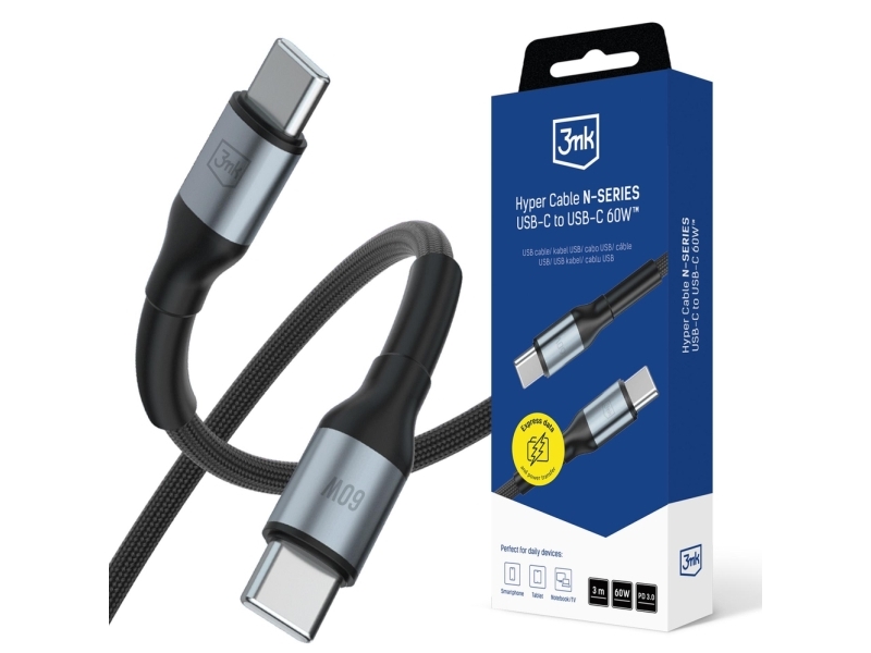 3Mk Hyper Cable N-Series Usb-C Til Usb-C 3 M Pd 3.0 Qc 3.0 20V/3A 60W Sort