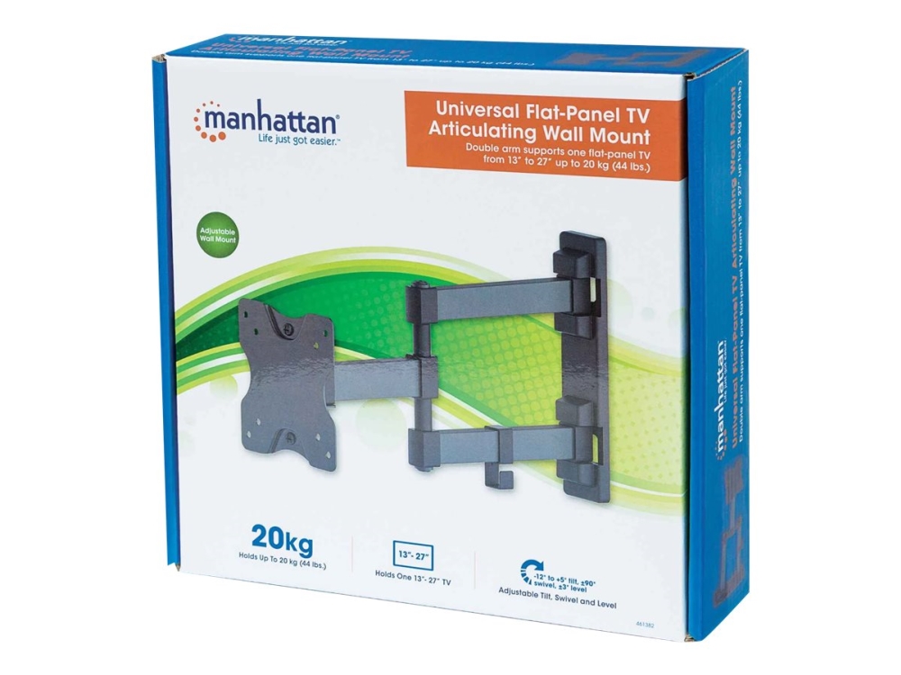 Manhattan Tv & Monitor Mount, Wall, Full Motion, 1 Screen, Screen Sizes: 13-27", Black, Vesa 75X75 To 100X100mm, 20Kg, Tilt & Swivel With 3 Pivots, L
