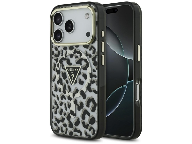 Guess Leopard Glitter Magsafe Cover Til Iphone 17 Pro - Sort