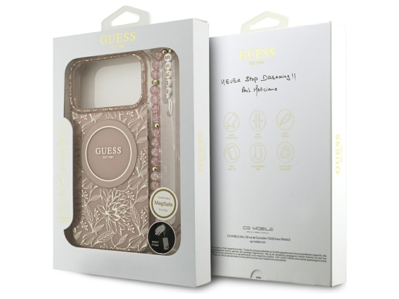 Guess Iml Flowers Electro Pearl Strap Magsafe Cover Til Iphone 17 Pro Max - Pink