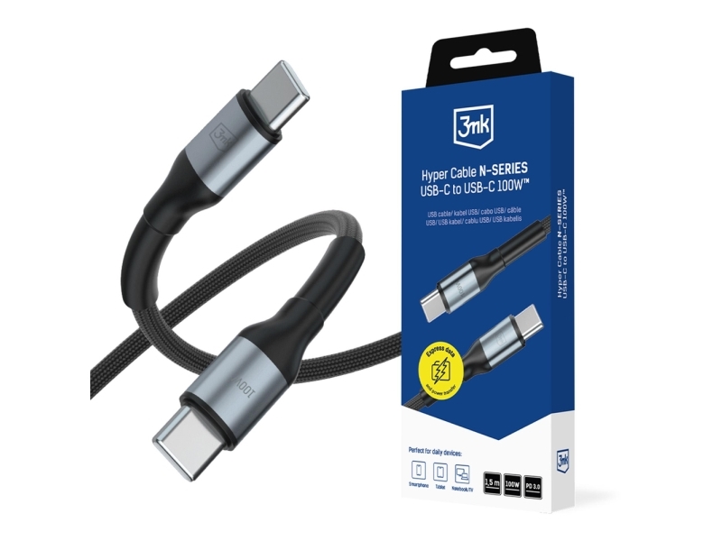 3Mk Hyper Cable N-Series Usb-C Til Usb-C 1,5M Pd 3.0 Qc 3.0 20V/5A 100W - Sort