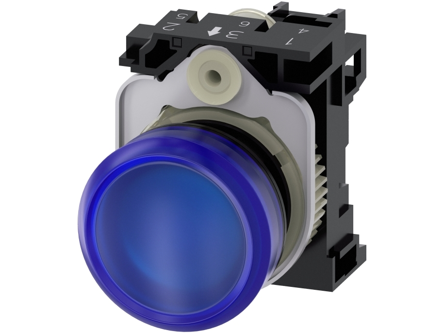Siemens 3SU1106-6AA50-1AA0 lysindikator, 22 mm, rund, blå linse, IP67, IP69K, 43 g, 80 mm, 50 mm, 30 mm