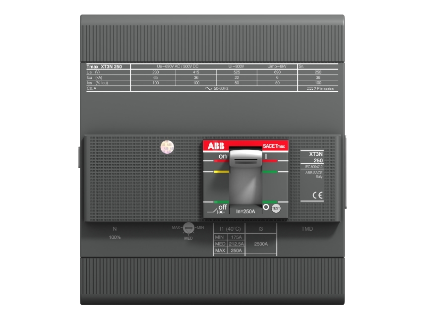 Maksimalafbryder Tmax XT3 250A Termomagnetisk TMG relæ Indstilling I1= 175...250A I3= 750A 4polet 36