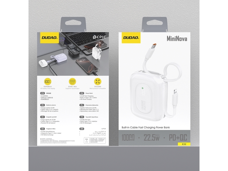 Dudao Powerbank K32 10000 Mah Mit Integriertem Usb-C/Lightning-Kabel - Weiß