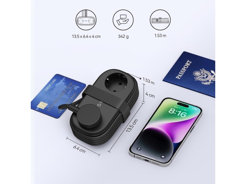 Orico-Stikdåse, 2 X Schuko – 2 X Usb-A – 1 X Usb-C, Sort