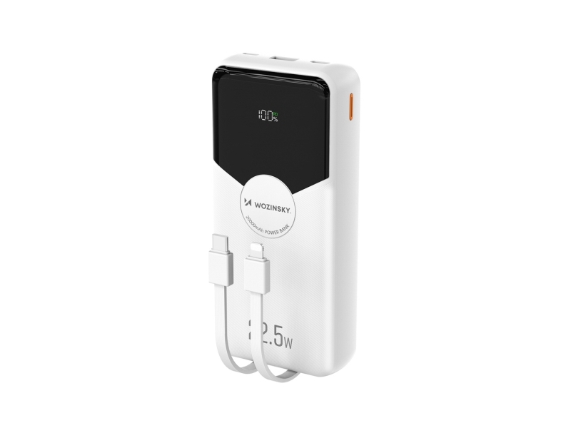 Wozinsky Powerbank Wfc-15W 20000Mah 22,5W Pd20w Med Indbyggede Lightning- Og Usb-C-Kabler – Hvid