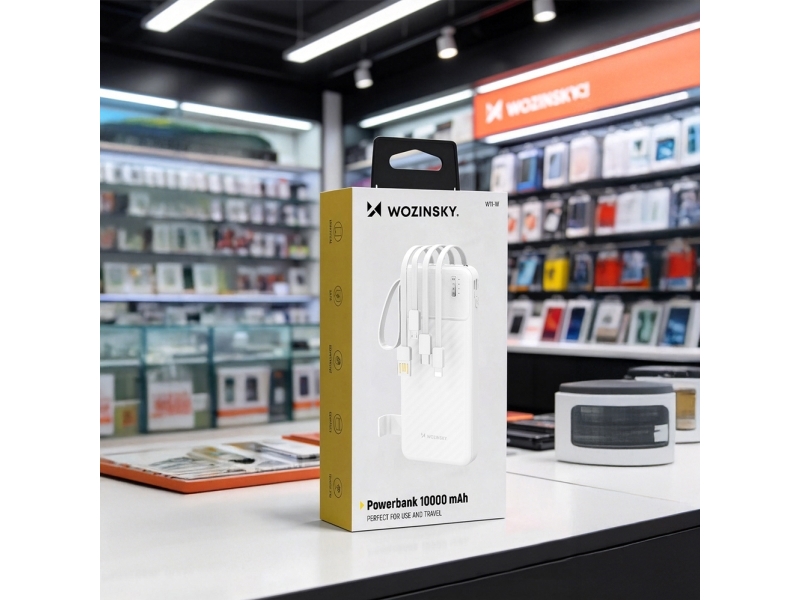 Wozinsky Powerbank W11-W 10000 Mah 10 W Med Indbyggede Kabler Og Lommelygte – Hvid