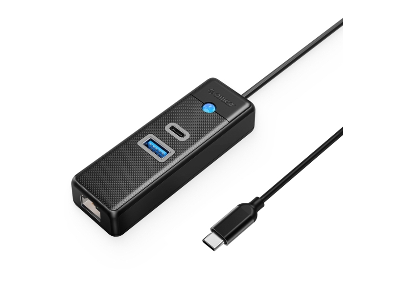 Usb-Hub Orico Pwcur-C3: 3 Anschlüsse (1X Usb-A 3.0, 1X Usb-C 3.0, 1X Rj45 Gigabit-Ethernet), 0,15 M, Schwarz