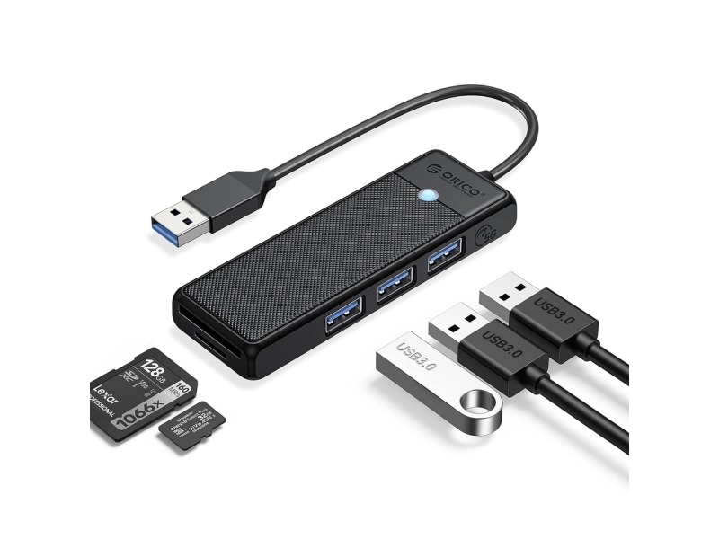 Usb-Hub Orico Orico Papw3at-U3 4-Port: 3X Usb-A 3.0 + Microsd/Sd-Kortlæser 1 M (Sort)