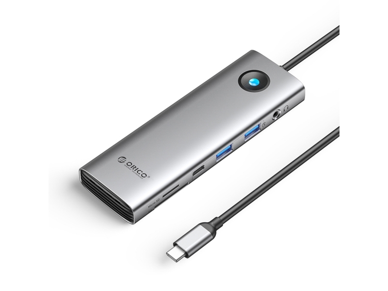 Orico Usb-C Dockingstation Pw11 9-I-1, 2X Usb-A 3.0 + 1X Usb-C 3.0 + 1X Usb-C Pd 100W, Hdmi 4K 60Hz, Microsd/Sd, Rj45 2,5G, 3,5 Mm - Grå