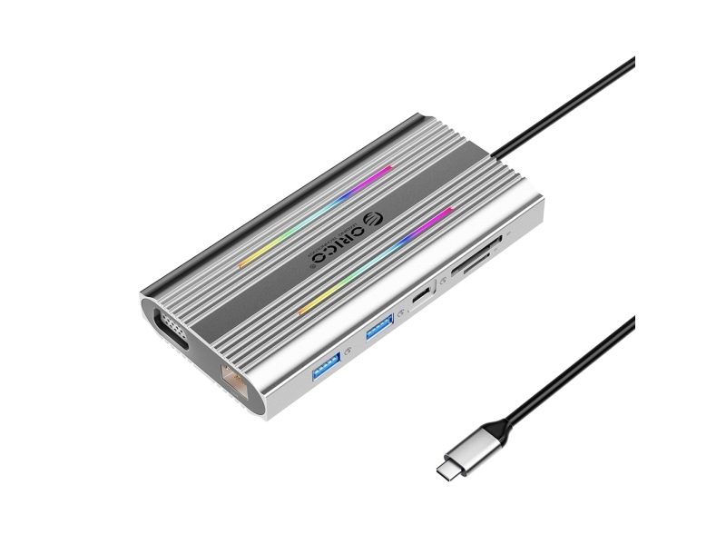 Orico Usb-C Dokstation Orico Xdr 12-I-1 Rgb Usb-A Usb-C Pd 100W 2X Hdmi 4K 60Hz Vga Rj45 Gigabit Sd/Microsd