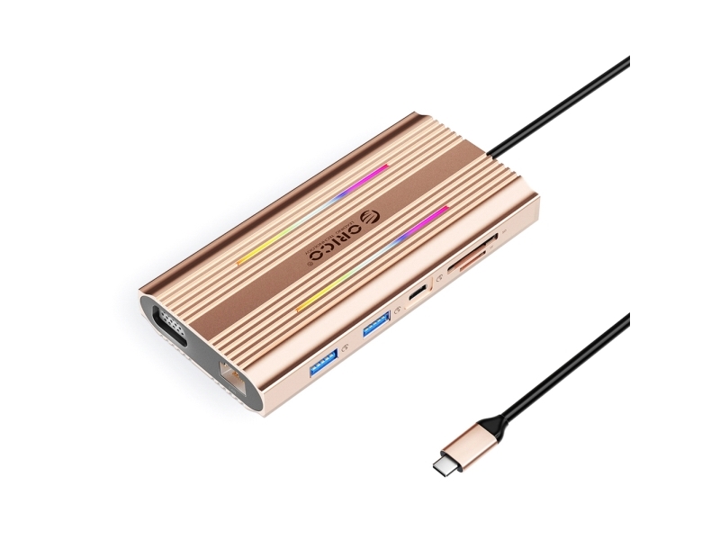 Orico Usb-C Dockingstation Xdr 12-I-1 Rgb 3X Usb-A 3.1 1X Usb-C Pd 100 W Hdmi 4K 30Hz Vga Rj45 Gigabit Sd/Microsd - Rosa/Guld