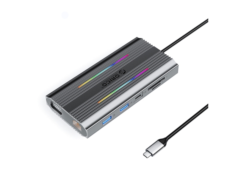 Orico Usb-C Dockingstation/Replikator Xcr 12W1 Rgb 3X Usb-A Usb-C Pd 100W Hdmi 4K Vga Rj45 Sd/Microsd - Grå