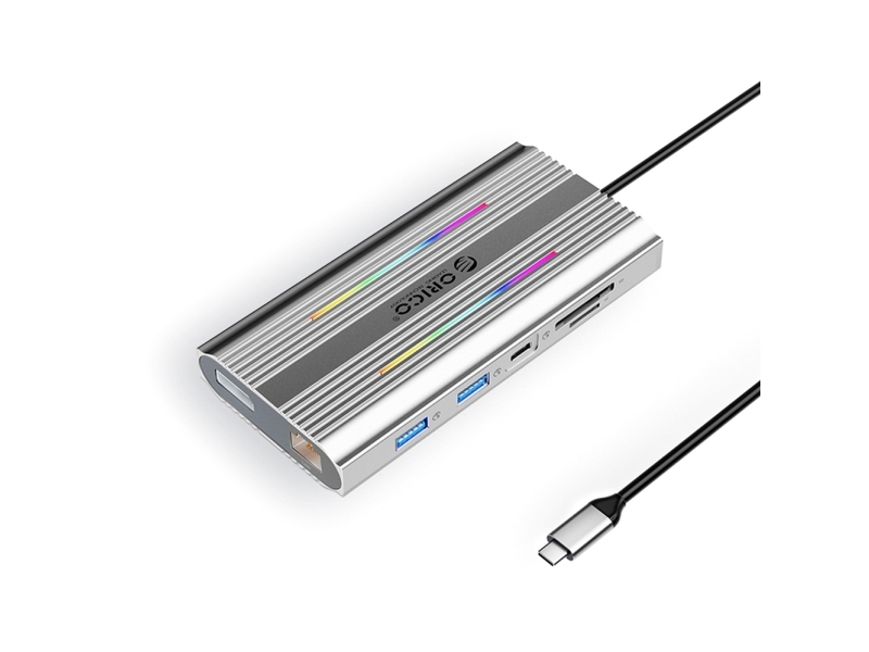 Orico Usb-C Dockingstation 12-I-1 Xdr Rgb (Usb-A/Usb-C/2X Hdmi 4K 60 Hz/Displayport 4K 60 Hz/Rj45) Pd 100 W Sd/Microsd - Sølv