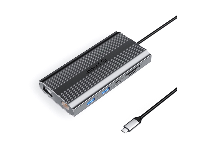 Orico Usb-C-Dockingstation 12-In-1 Xdr (Usb-A/Usb-C/Hdmi 4K/Vga/Rj45/Sd/Microsd) 100 W – Grau