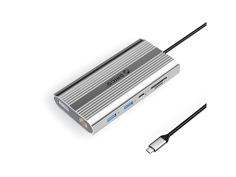 Orico Xdr 12-I-1 Usb-C Dockestation Usb-A Usb-C 2X Hdmi 4K 60Hz Displayport 4K 60Hz Rj45 Gigabit Pd 100W Sd/Microsd - Sølv