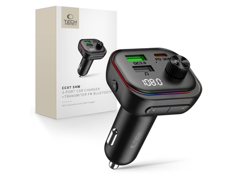 Tech-Protect Cc07 3-Port Pd 54W Kfz-Ladegerät + Bluetooth Fm-Transmitter - Schwarz