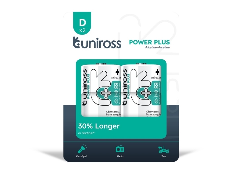 Uniross batteri 2 st. D/LR20 alkaliskt POWER PLUS