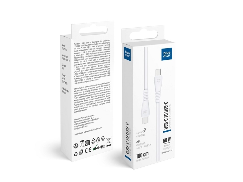 Holmes BlueStar USB-C til USB-C kabel - 3A - 60W - QC4.0 - 1 m - hvid