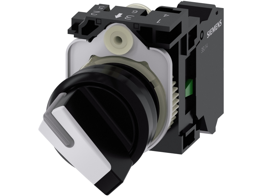 SIEMENS Omskifter, kan blive oplyst, 22 mm, rund, plastik, sort, hvid, kort omskifter, 2 afbryder positioner O-I, latching, 10:30H/13:30H