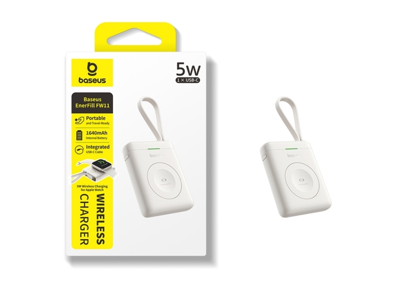 „Baseus Enerfill Fw11“ Išorinė Baterija, 1640 Mah, 5W, Skirta „Apple Watch“ Su Integruotu Laidu - Balta