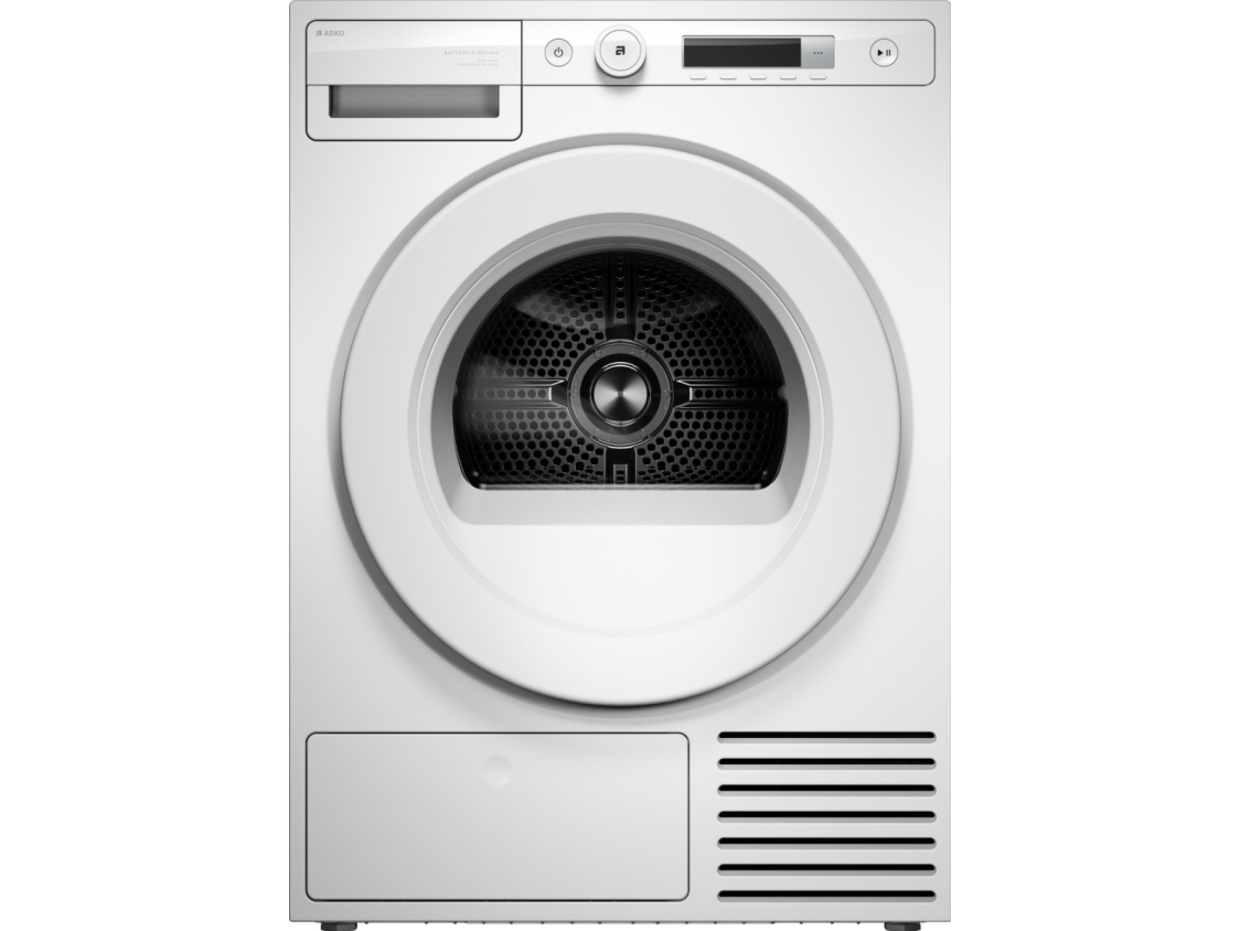 ASKO T108HW varmpumpe kondens-tørretumbler — 8 kg, Butterfly Drying™, 10 programmer, hvid, stablebar med vaskemaskine, LCD-kontrol