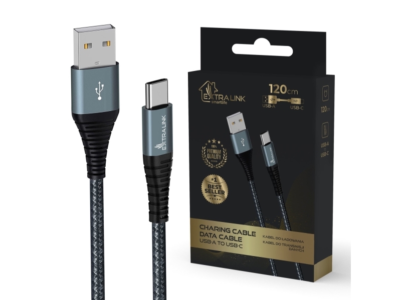 Extralink Smart Life Cable 15W, Usb-A To Usb-C, 120Cm, Nylon Braided, 5V 2.4A/3A, Black