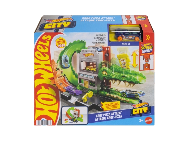 Hot Wheels City Kroko-Pizza-Attacke Spielset Mit Spielzeugauto Im Maßstab 1:64, Mit Dem Track-Schnellstecksystem Kompatibel, Zug- & Schienen-Set, 3 J