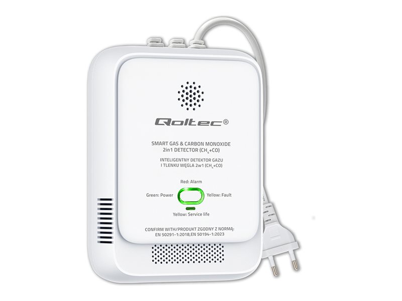 Qoltec - Gas- og kulilte sensor - CH4 CO detektor, 85 dB alarm, LED - hvid