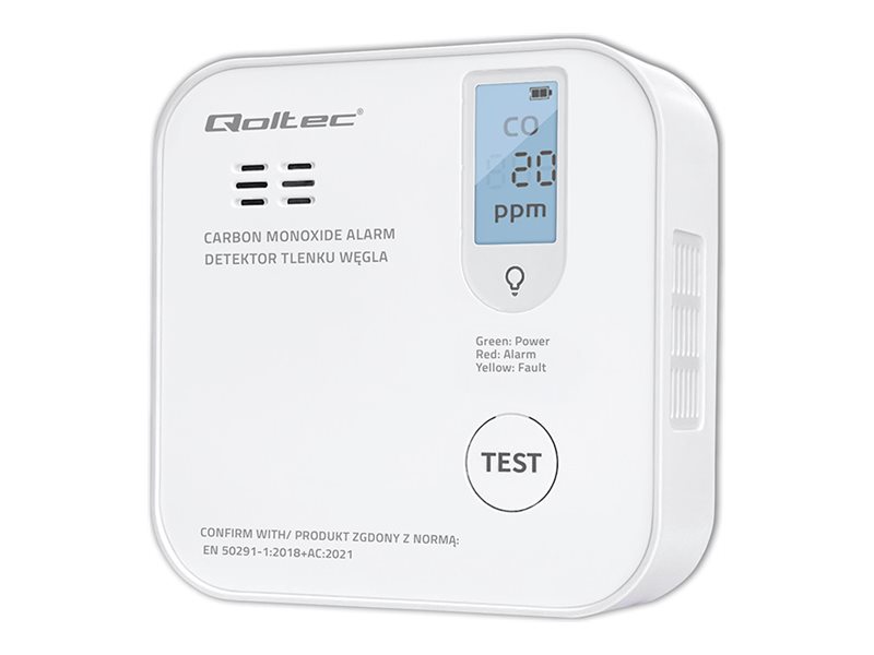 Qoltec Certified Wireless Carbon Monoxide (Chad) Detector With Battery | Co Detector | Sensor Life 10 Years | 85Db Alarm | Led