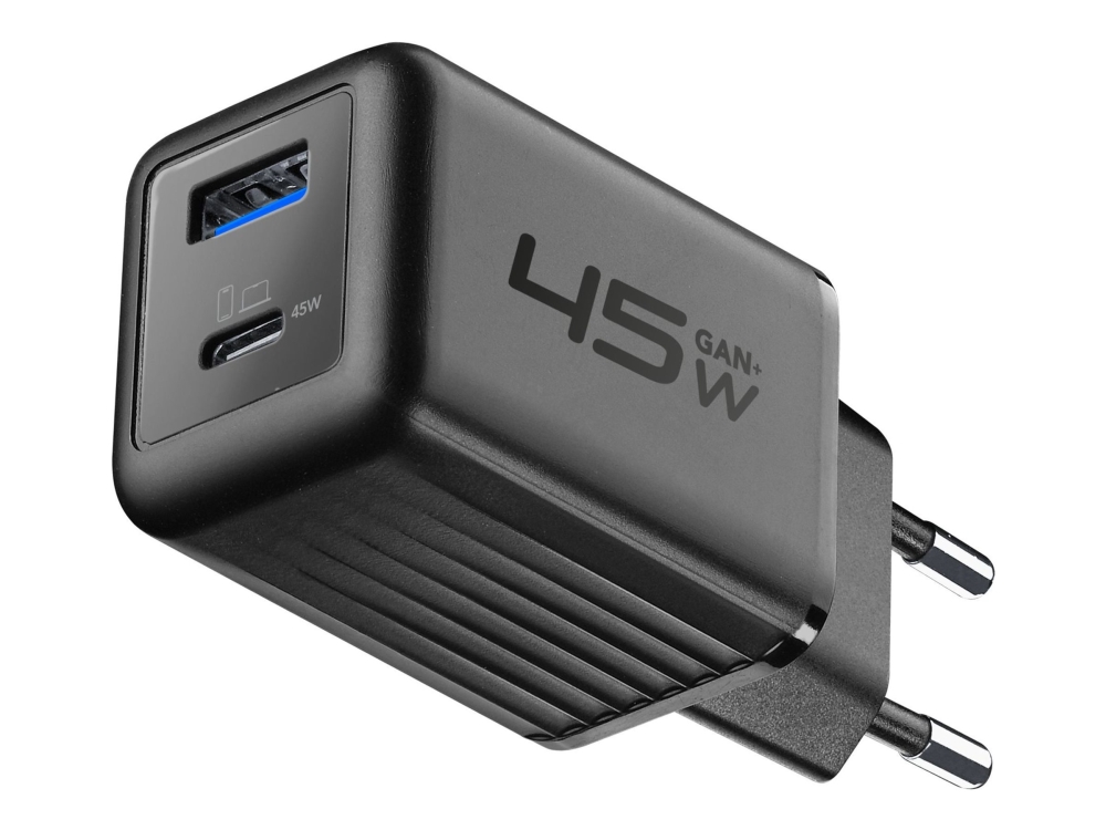 Cellularline Multipower Micro - Strømforsyningsadapter - Ultra-Kompakt - 45 Watt - 3 A - Pd, Sfc 2.0 - 2 Output-Stikforbindelser (Usb-C, Usb) - Sort