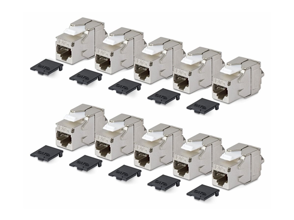 Startech.Com Geschirmtes Cat6a Keystone Jack Modul, 10Er-Pack Rj45 Ethernet Buchse, Stp Cat6a Wandbuchse, 180 Grad, Werkzeuglos, Flach, Silber, Rj-45