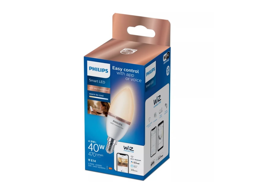 Philips Smart - LED-lyspære - form: C37 - matteret finish - E14 - 4.9 W (tilsvarende 40 W) - klasse F - varmt til køligt hvidt lys - 2700-6500 K