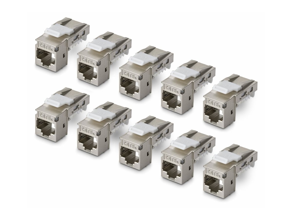 Startech.Com Geschirmtes Cat6a Keystone Jack Modul, 10Er-Pack Rj45 Ethernet Buchse, Stp Cat6a Wandbuchse, 90 Grad, Werkzeuglos, Abgewinkelt, Silber,