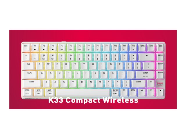 CHERRY XTRFY K33 Compact Wireless, Langaton, USB + RF Wireless + Bluetooth, Mem-chanical key switch, QWERTY, RGB LED, Valkoinen