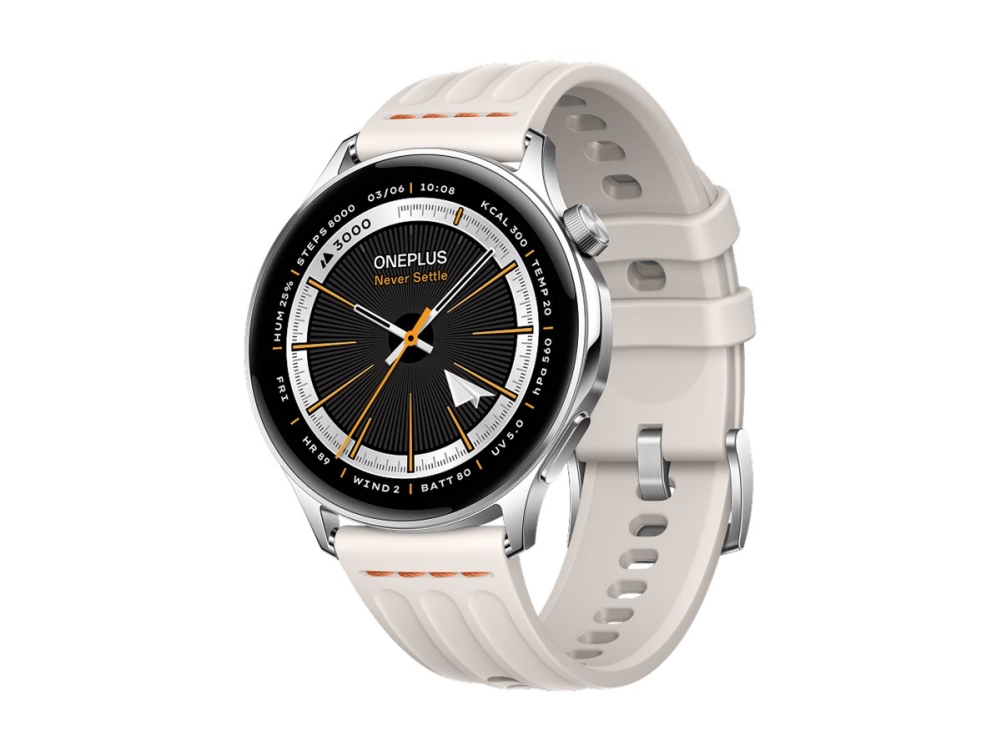 OnePlus Watch Lite - 45 mm - polished stainless steel/plastic/glass - smart klocka med rem - fluororubber - vit - handleds: 140-210 mm - display 1.46 - 4 GB - NFC, Bluetooth, Wi-Fi - 59 g  - silver steel
