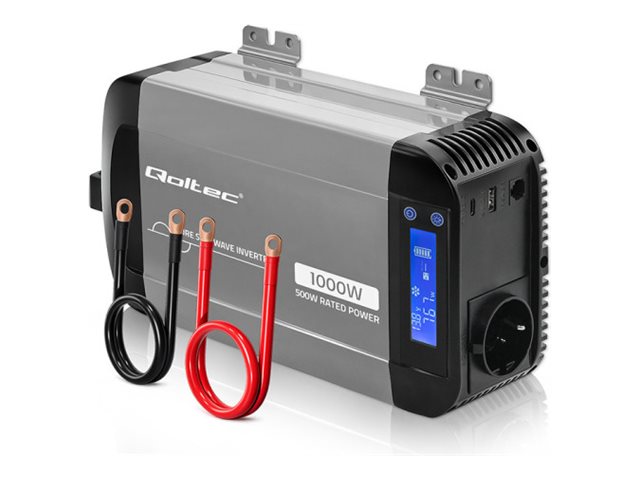 Qoltec - DC-AC-omriktare - ren sinusvåg, LCD, USB, USB-C, kompatibel med LiFePO4 GEL AGM - AC 230 V / DC 12 V - 1000 watt - RS-485 - utgångskontakter: 1 - gråsvart