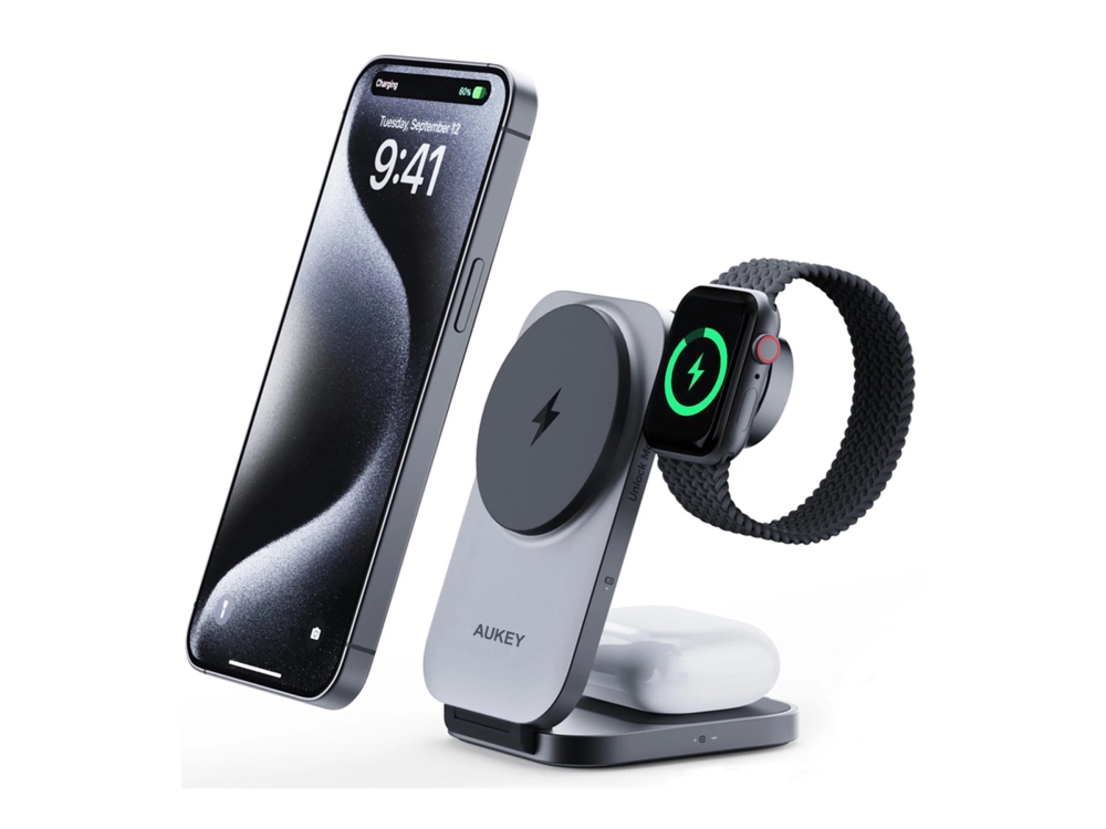 Aukey Aukey 3-I-1 Qi2.0 Trådløs Oplader, 15W, Til Iphone, Apple-Ur Og Airpods