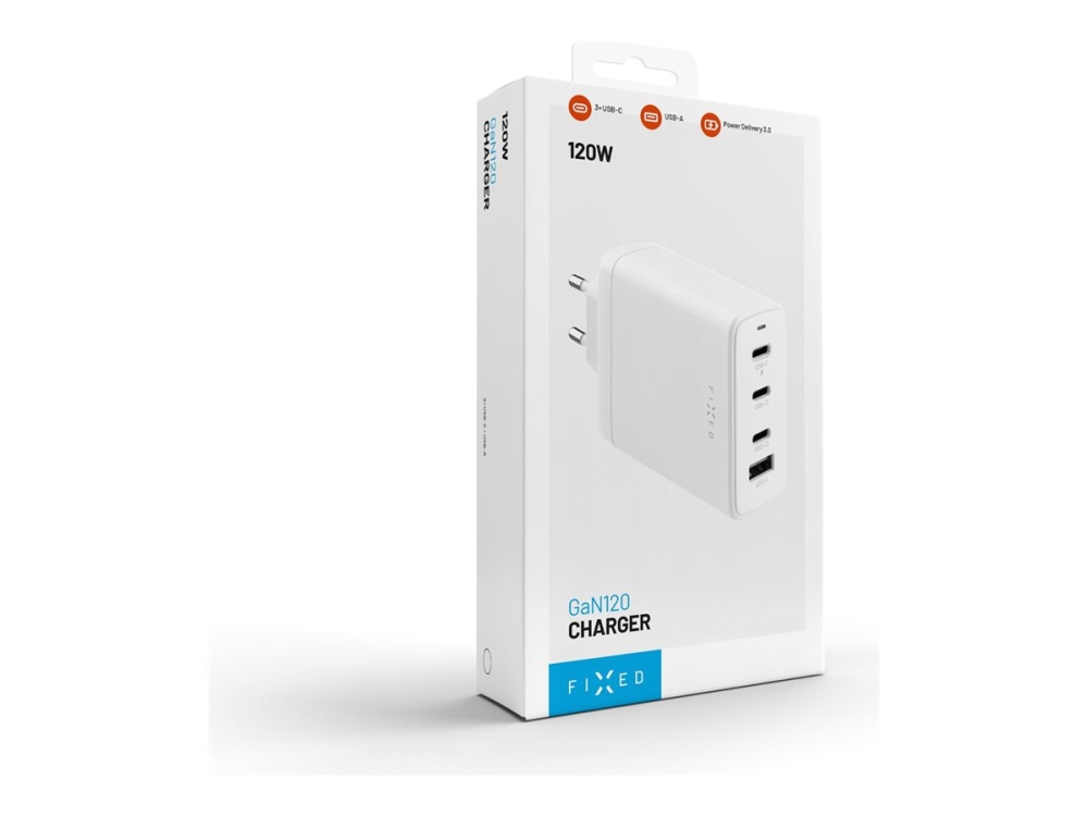 Fixed - Strømforsyningsadapter - 120 Watt - Pd 3.0 - 4 Output-Stikforbindelser (3 X Usb-C, Usb Type A) - Hvid