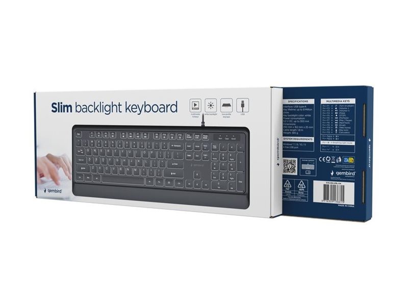 Gembird - Tastatur - Tynd - Full Size - Bagbelyst - Usb, Usb-C - Qwerty - Usa - Sort