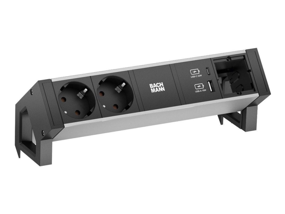 Bachmann Desk 2 Alu - Stikdåse - 1 Custom Module - Input: Gst18 - Output-Stikforbindelser: 2 (24 Pin Usb-C, Usb, 2 X Cee 7/3) - 20 Cm Ledning - Tyskl