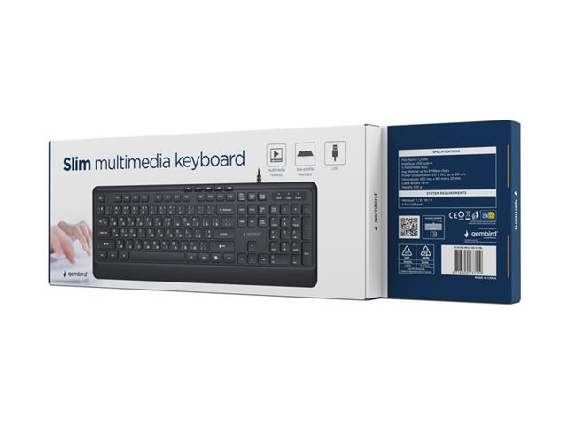 Gembird - Tastatur - Slank, Multimedia - Full Size - Usb, Usb-C - Qwerty - Usa - Sort
