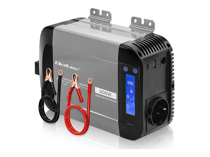 Qoltec - DC til AC inverter - ren sinuskurve, LCD, USB, USB-C, kompatibel med LiFePO4 GEL AGM - AC 230 V / DC 12 V - 600 watt - RS-485 - output-stikforbindelser: 1 - sort grå