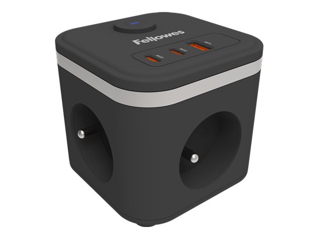 Fellowes Power Cube – Strømfordelingsenhed – Ac 230 V – Udgangsstik: 3 (2 X Usb-C, Usb, 3 X Type E) – 2 M Ledning – Sort