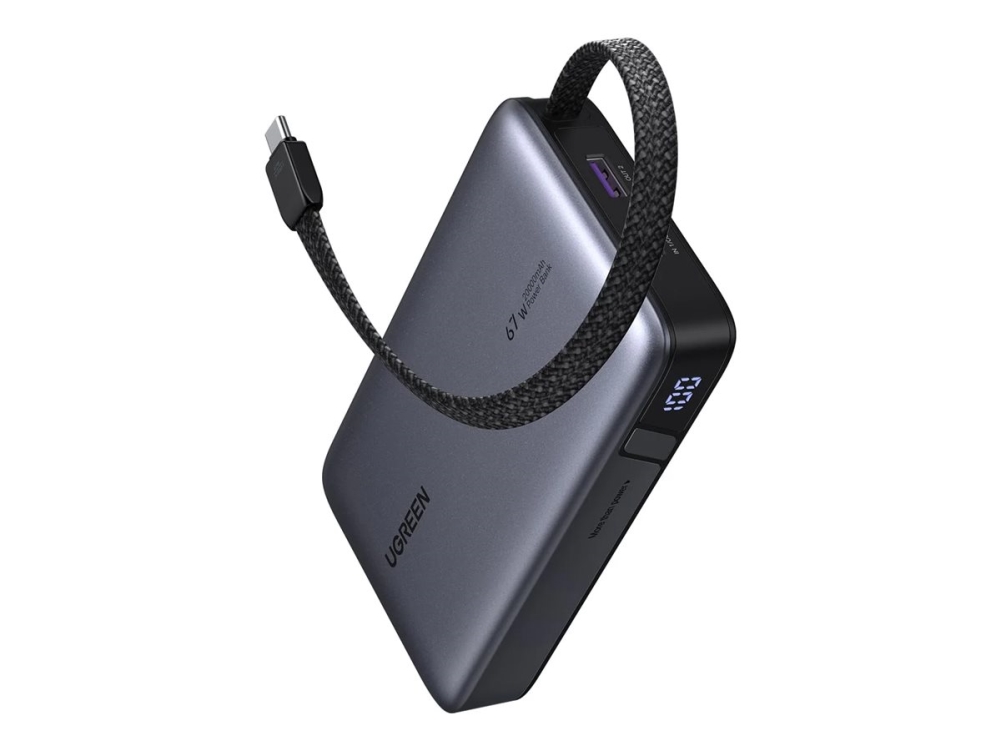 Ugreen Nexode - Powerbank - Med Indbygget Usb-C-Kabel - 20000 Mah - 67 Watt - Pd 3.0 - 3 Output-Stikforbindelser (Usb, 2 X Usb-C) - Space Grey