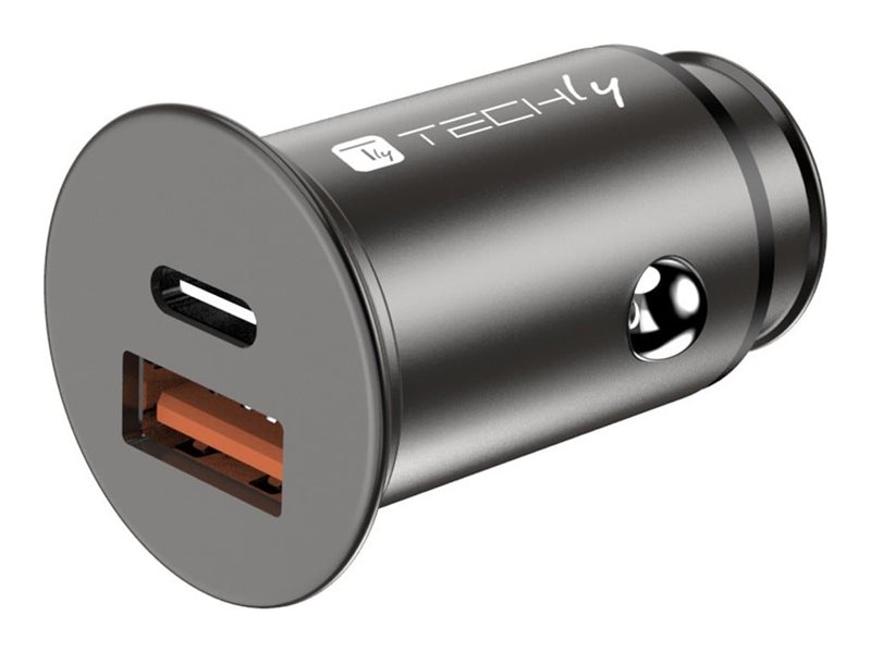 Techly - Bilstrømsadapter - 38 Watt - 3 A - Fast Charge 3.0 - 2 Output-Stikforbindelser (Usb, 24 Pin Usb-C) - Sort