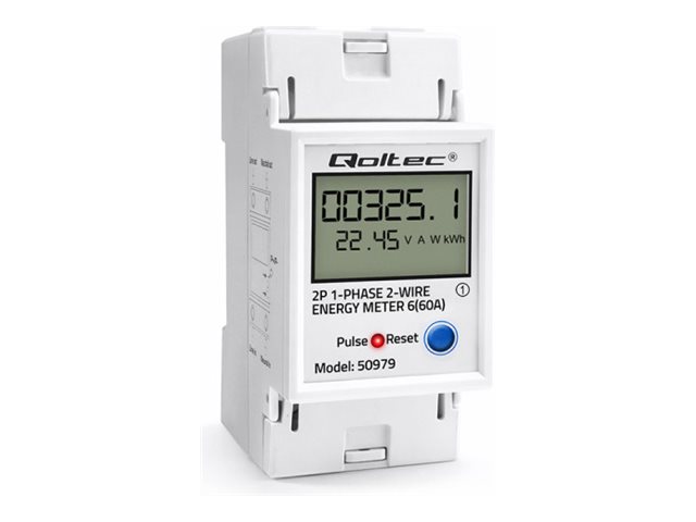 Qoltec Einphasiger Elektronischer Stromverbrauchszähler Auf Din-Schiene Reset Periodisch & Dauerhaft 230V 60A Lcd Led 2P